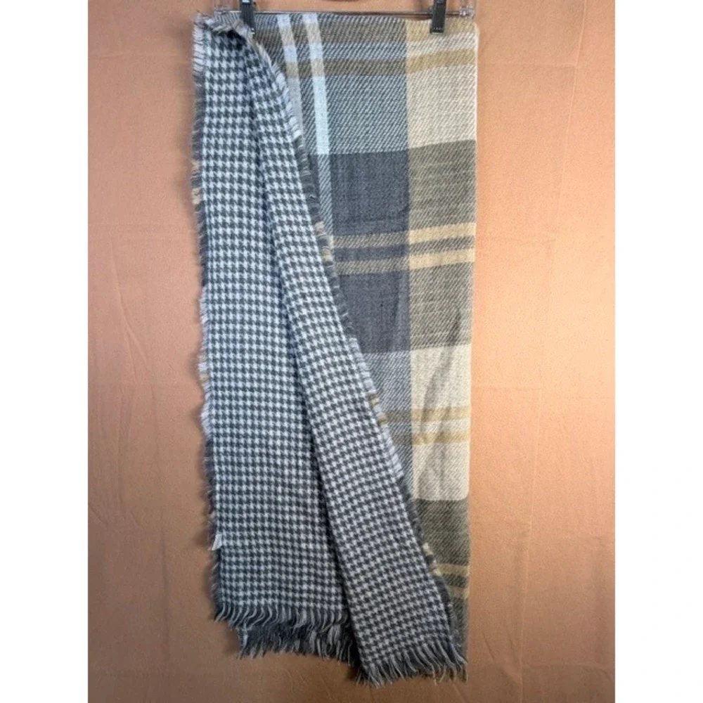 Reversible Plaid Houndstooth Blanket Scarf Gray Tan Oversized Wrap 31x75